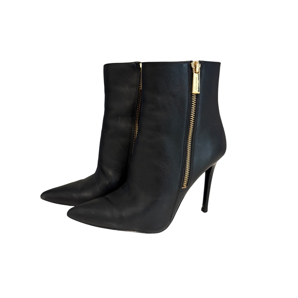 MICHAEL Michael Kors Black Leather Pointed Toe Stiletto Ankle Boots Gold Zip 5M